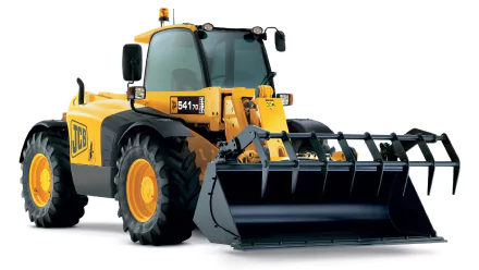 High-resolution 4K Ultra HD image of a yellow JCB Loadall vehicle with large tires and a front loader attachment, set against a clean white background.