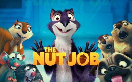 HD PC desktop wallpaper/background: The Nut Job movie image with a grinning purple squirrel front and center, surrounded by expressive animal friends.