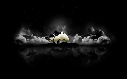 A dark, atmospheric HD desktop wallpaper featuring a werewolf silhouetted against a glowing full moon, surrounded by clouds and eerie trees, creating a hauntingly beautiful scene.