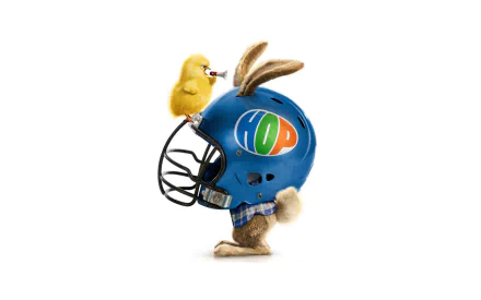 HD PC desktop wallpaper of the Hop movie Easter Bunny wearing a blue football helmet with a yellow chick perched on it, white background.
