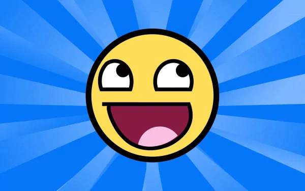 A bright blue background features a large, funny yellow smiley face with an expressive, happy expression, making it a vibrant HD desktop wallpaper.