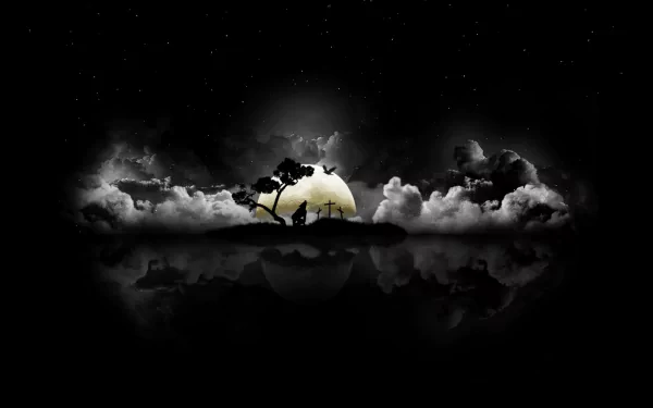 A dark, atmospheric HD desktop wallpaper featuring a werewolf silhouetted against a glowing full moon, surrounded by clouds and eerie trees, creating a hauntingly beautiful scene.