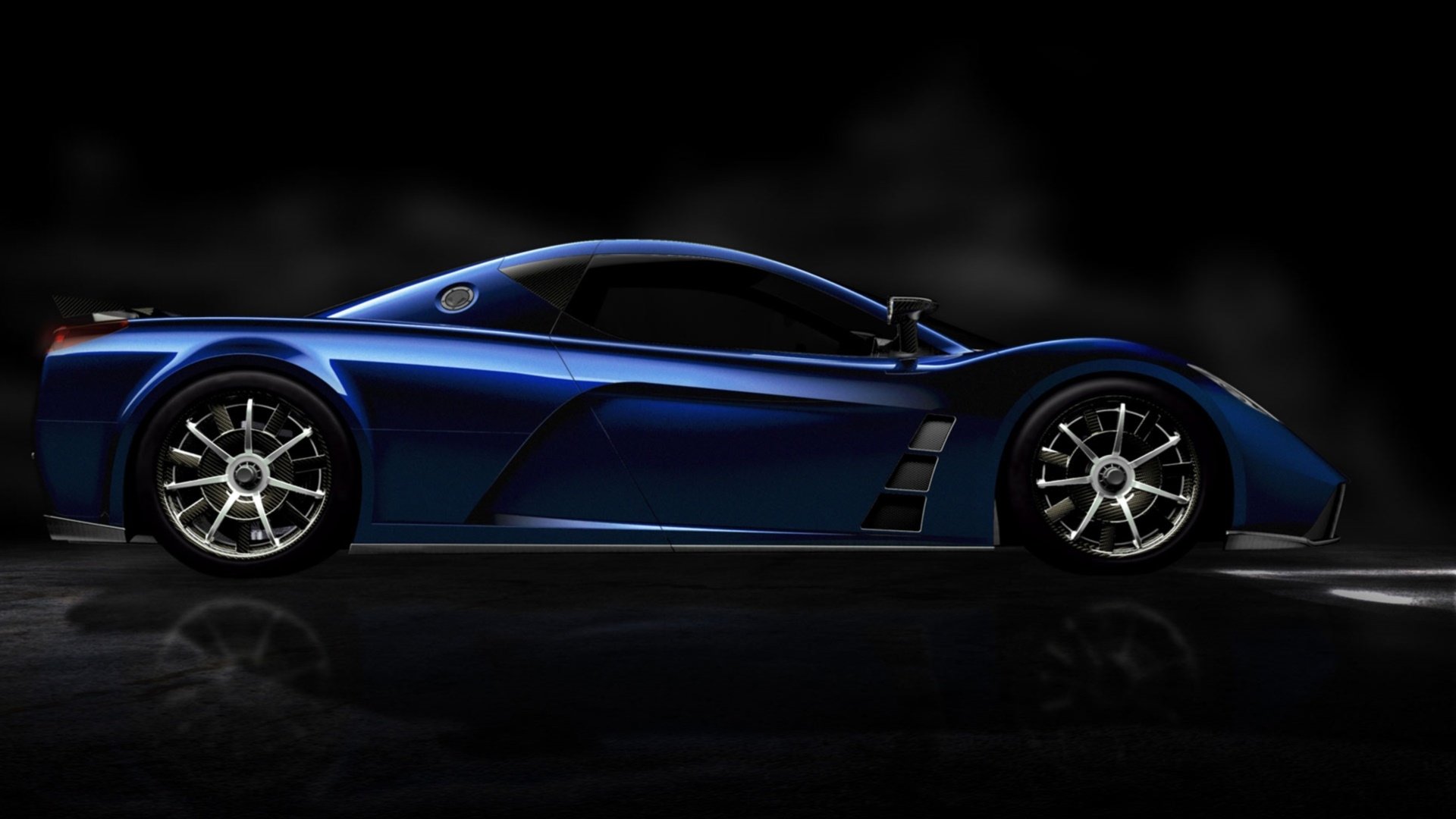 HD PC desktop wallpaper and background of a sleek blue Kepler Motion vehicle in profile, reflected on a glossy black surface.