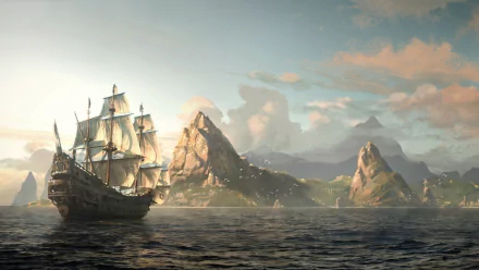 HD PC desktop wallpaper featuring a detailed ship sailing near rocky islands, from the video game Assassin's Creed III.