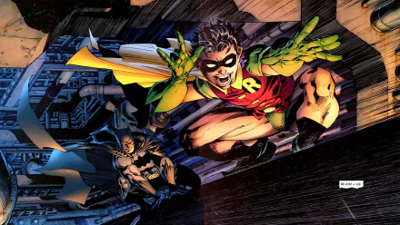HD PC desktop wallpaper featuring Batman and Robin from DC Comics in dynamic action poses against a dark cityscape background.