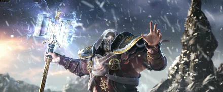 HD PC desktop wallpaper from the video game Lords of the Fallen: a hooded, armored mage raises a glowing ice warhammer as snow and wind sweep a bleak mountain battlefield.