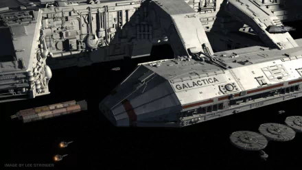HD PC desktop wallpaper of Battlestar Galactica (2003) TV show: close-up of the Battlestar Galactica ship in space with Viper fighters and a docking bay.
