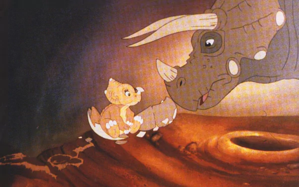 HD PC desktop wallpaper featuring a heartwarming scene from the movie The Land Before Time, showing a young dinosaur interacting with an adult dinosaur.