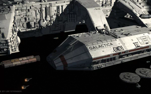 HD PC desktop wallpaper of Battlestar Galactica (2003) TV show: close-up of the Battlestar Galactica ship in space with Viper fighters and a docking bay.