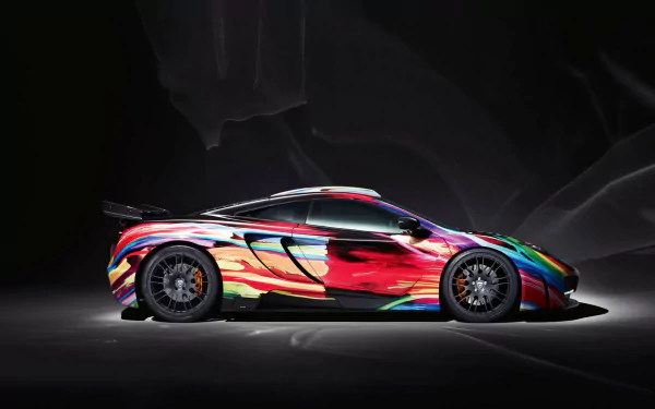 A vibrant, multicolored McLaren MP4-12C showcased as an HD PC desktop wallpaper with a sleek, aerodynamic design against a dark background.