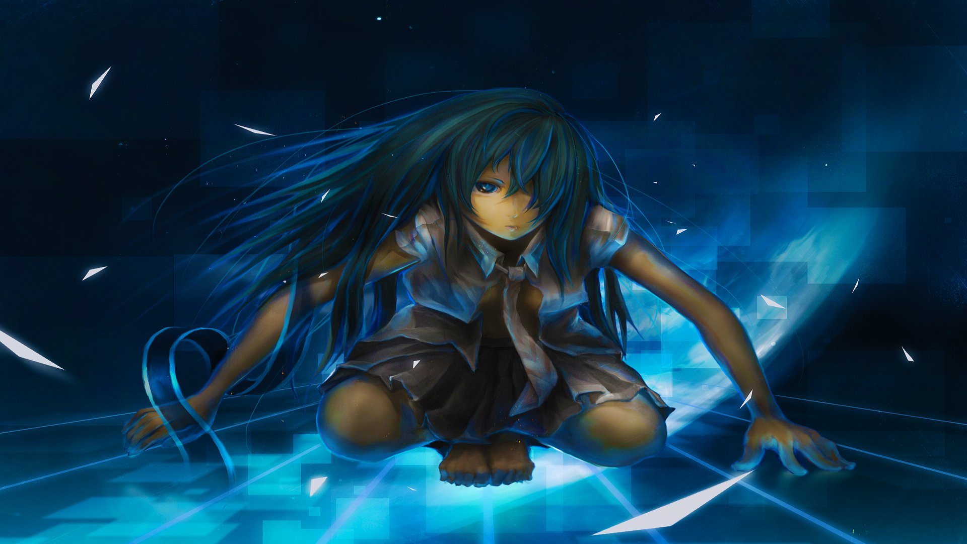 HD PC wallpaper of Hatsune Miku in a black school uniform with a tie and ribbon, featuring her long black hair in an anime-style Vocaloid artwork.