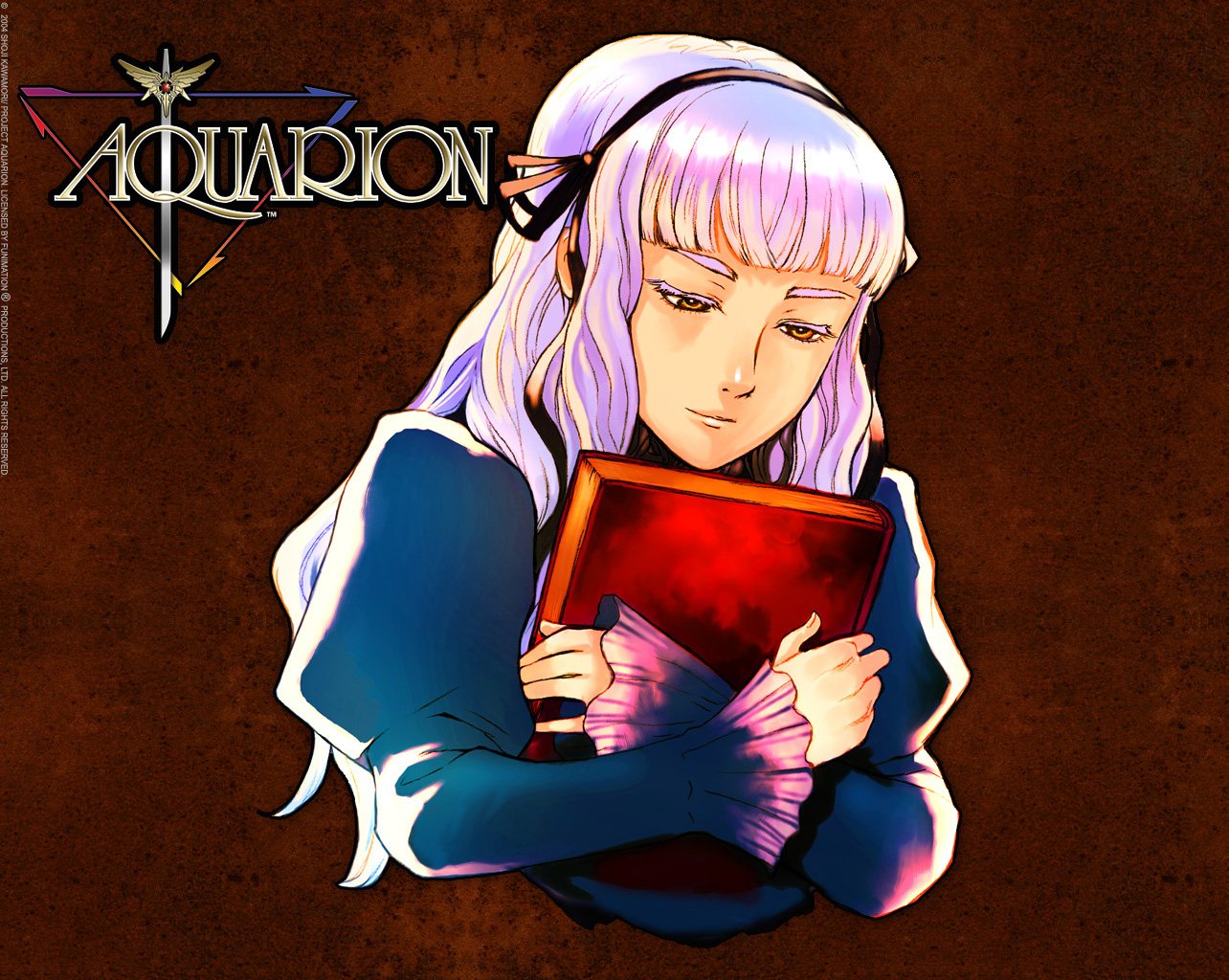 Anime Aquarion HD PC desktop wallpaper — purple-haired female character clutching a red book against a brown background, Aquarion logo in the upper-left.