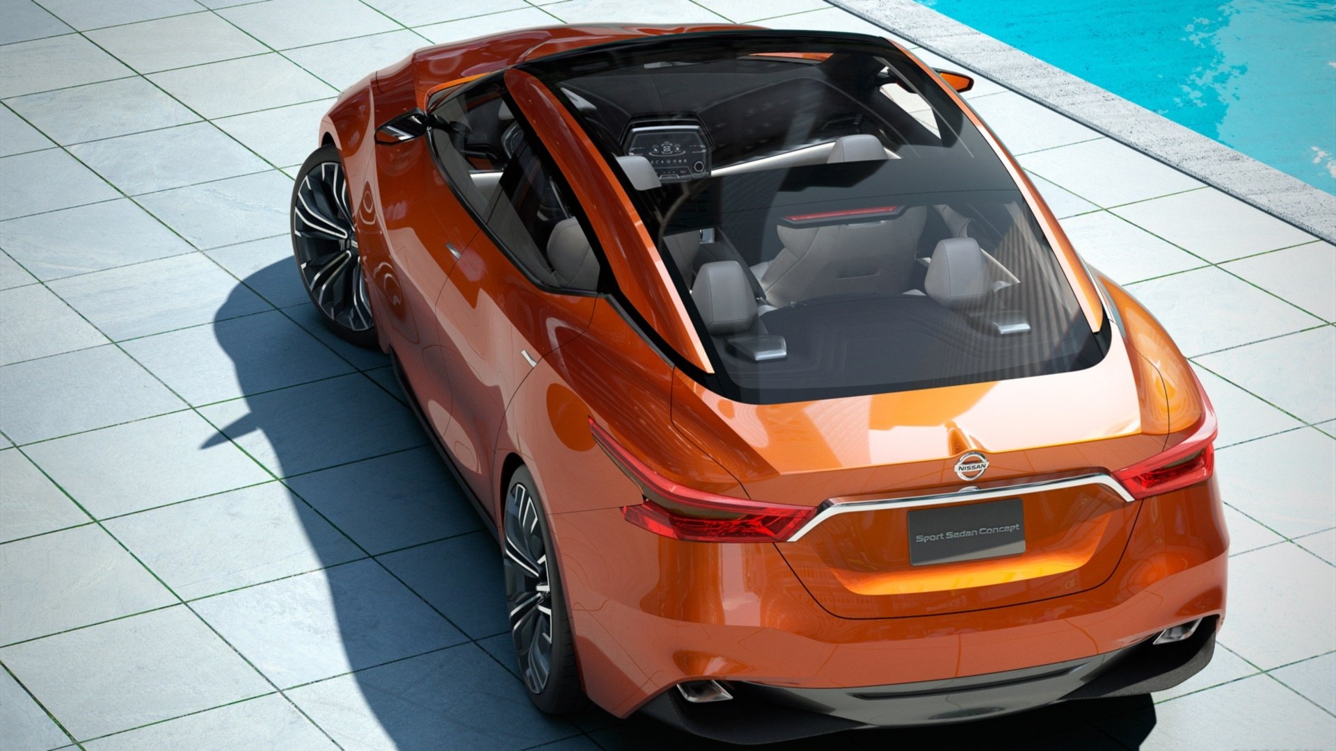 HD PC desktop wallpaper: glossy orange 2014 Nissan sport sedan concept, rear-three-quarter view on tiled poolside background.
