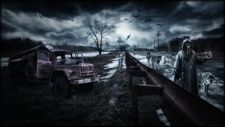 Dark, apocalyptic sci-fi desktop wallpaper depicting a post-apocalyptic landscape with an abandoned truck, barren trees, ominous clouds, and a lone figure in a gas mask.