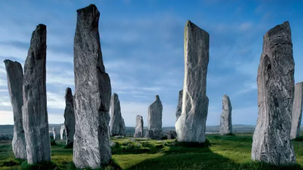 HD desktop wallpaper featuring the man-made prehistoric Stonehenge monument under a partly cloudy blue sky.