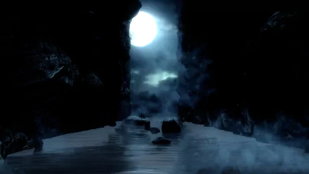 CGI dark fantasy HD wallpaper showing a glowing full moon illuminating a misty, rocky night scene with deep shadows and a mysterious atmosphere.