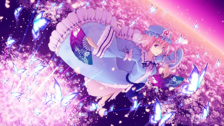 HD wallpaper featuring Yuyuko Saigyouji from Touhou with short hair and pink eyes, holding a fan in a scenic butterfly-filled backdrop.