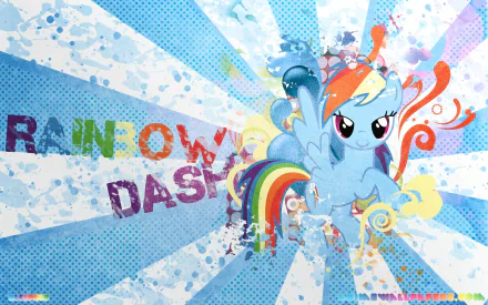 Vector HD PC desktop wallpaper of Rainbow Dash from the TV show My Little Pony: Friendship Is Magic — energetic pony with rainbow mane against a splashy halftone rays background.