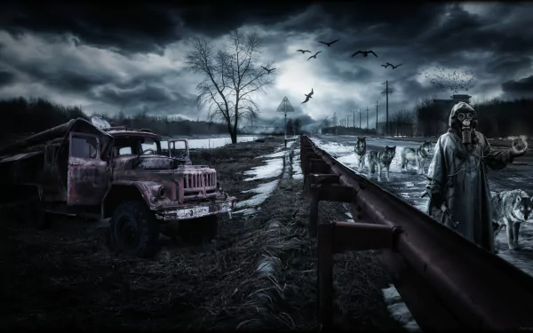Dark, apocalyptic sci-fi desktop wallpaper depicting a post-apocalyptic landscape with an abandoned truck, barren trees, ominous clouds, and a lone figure in a gas mask.