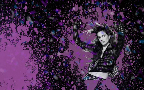 HD desktop wallpaper featuring celebrity Cindy Crawford with a dynamic purple and black abstract splatter background.