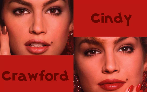 HD PC desktop wallpaper featuring close-up portraits of celebrity Cindy Crawford with bold red backgrounds and her name displayed in stylized text.