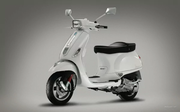 HD desktop wallpaper featuring a sleek white Vespa scooter against a neutral gray background, highlighting the classic design of this iconic vehicle.