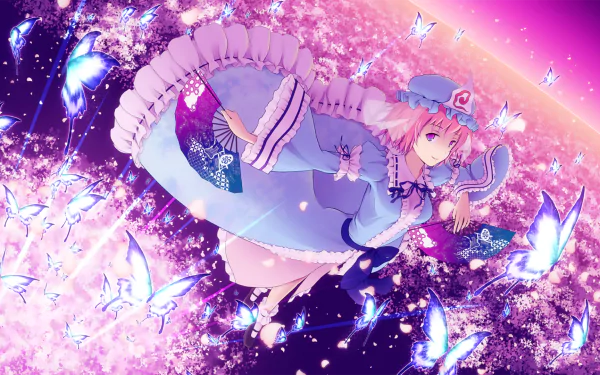 HD wallpaper featuring Yuyuko Saigyouji from Touhou with short hair and pink eyes, holding a fan in a scenic butterfly-filled backdrop.
