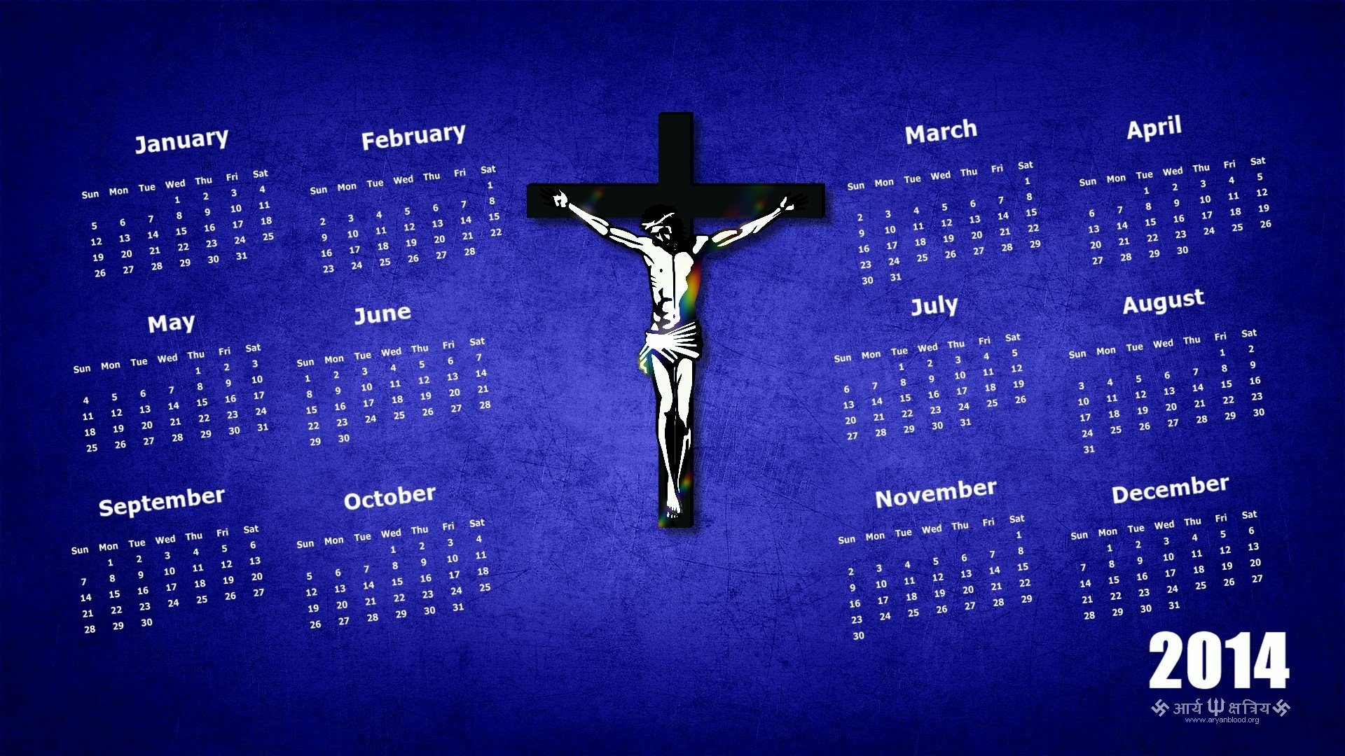 A vibrant HD wallpaper featuring Jesus on the cross, set against a blue background with a calendar for the year 2014, blending religious themes with practical design elements.