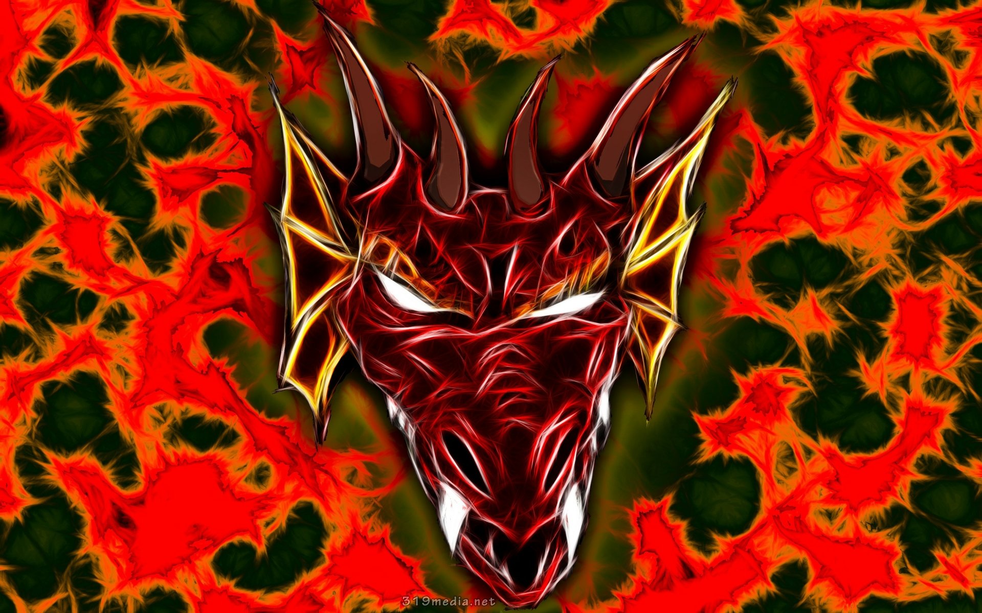 A vivid red fractal dragon with glowing eyes forms an intense fantasy HD desktop wallpaper background.