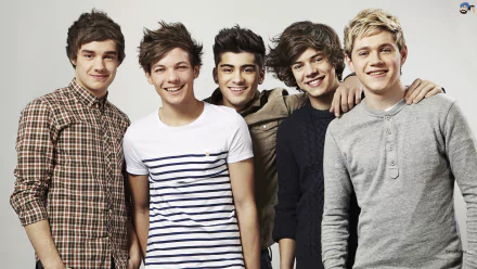 HD desktop wallpaper featuring One Direction members smiling. Tags: music, One Direction.