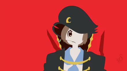 Minimalist HD PC wallpaper of Mako Mankanshoku from Kill La Kill: short brown hair, black hat and jacket with gold trim against a bold red background