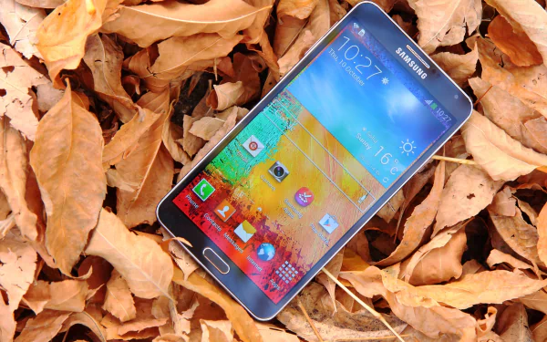 Samsung Galaxy phone resting on dry autumn leaves, showcasing vibrant screen and sleek design in this HD PC desktop wallpaper highlighting Samsung technology.