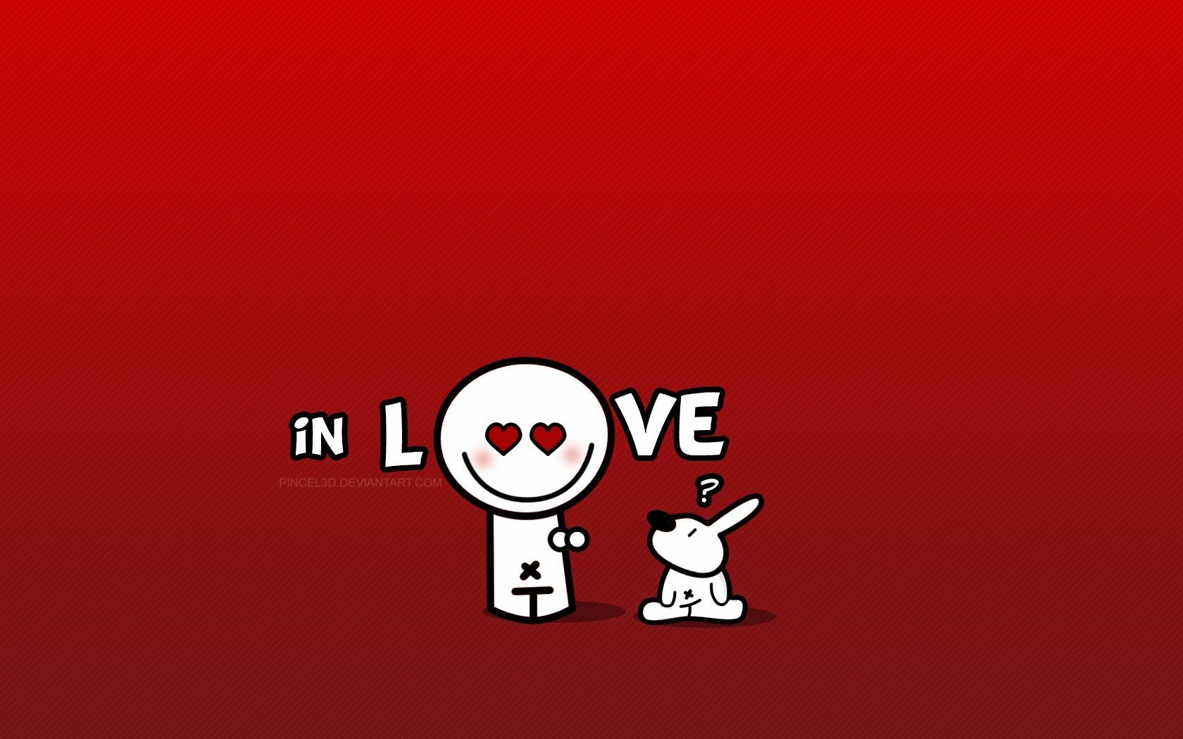 A vibrant red background featuring a playful illustration of a character and a dog, accompanied by the text in LOVE, creating a whimsical and artistic representation of affection.