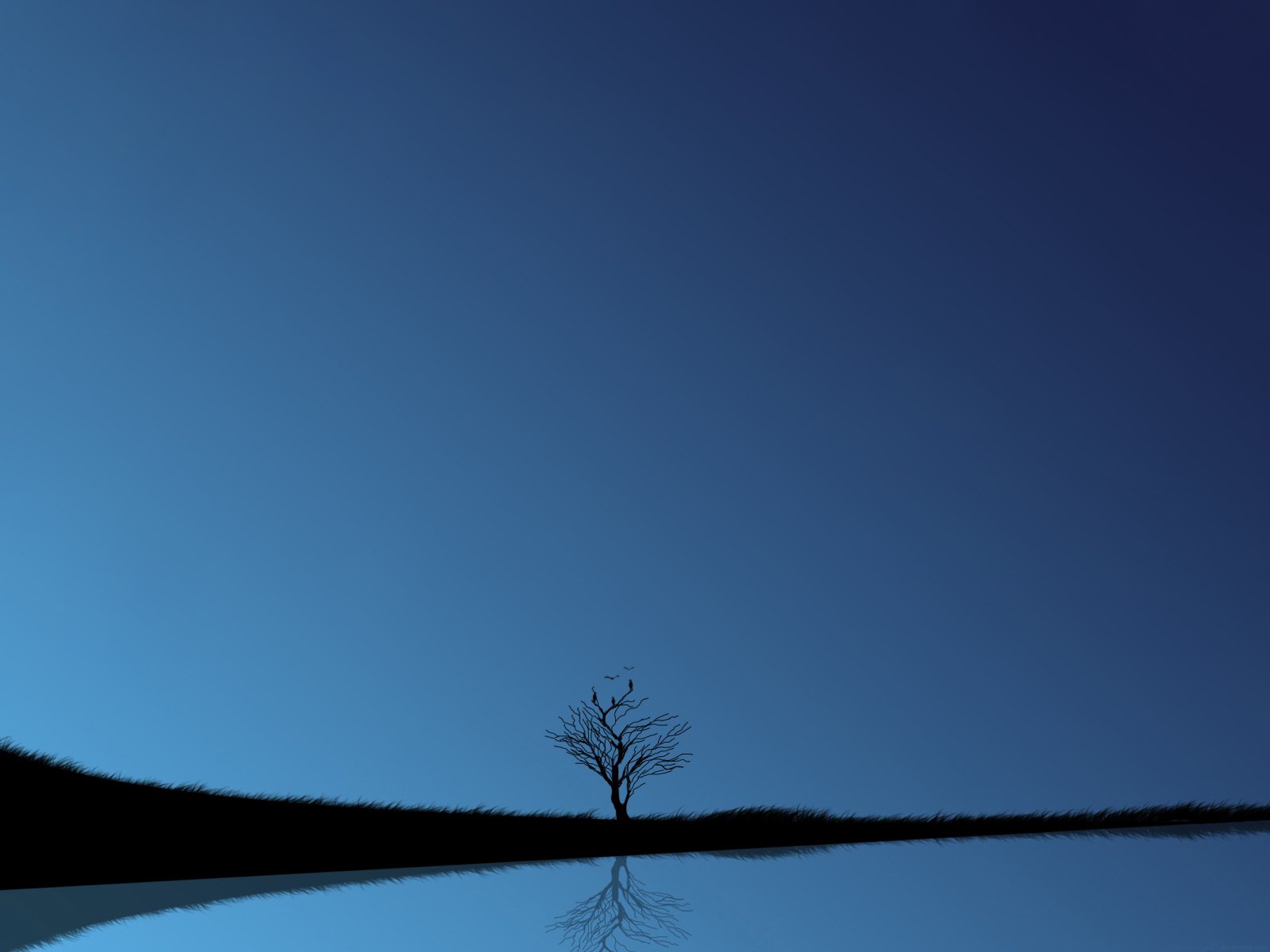 Artistic HD desktop wallpaper featuring a solitary tree silhouetted against a deep blue sky with a minimalist natural landscape.