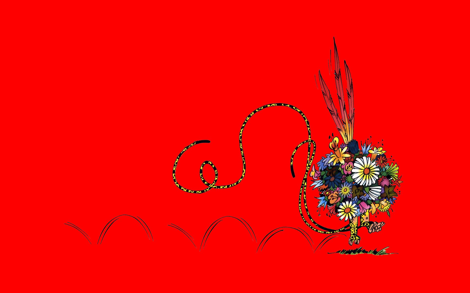 HD PC desktop wallpaper featuring a vibrant Marsupilami comic character composed of colorful flowers on a bold red background.