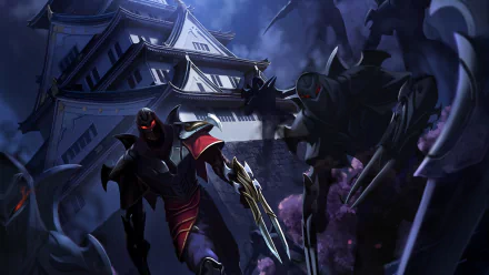 HD desktop wallpaper featuring Darius and Zed from League of Legends in Ionia. The scene is set at night, with dramatic lighting highlighting the characters in a tense, action-filled moment.