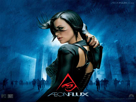 HD PC desktop wallpaper featuring a striking image from the movie Aeon Flux with the protagonist in a dynamic pose against a blue urban background.