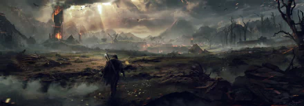 HD desktop wallpaper of a warrior from Middle-earth: Shadow of Mordor game overlooking a battlefield under stormy skies.