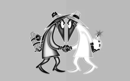 HD PC desktop wallpaper featuring the iconic comic characters Spy vs. Spy shaking hands, one holding a bomb and the other a bundle of dynamite.