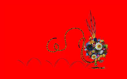 HD PC desktop wallpaper featuring a vibrant Marsupilami comic character composed of colorful flowers on a bold red background.