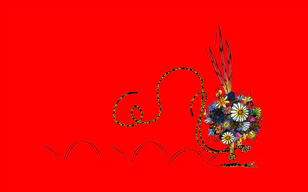 HD PC desktop wallpaper featuring a vibrant Marsupilami comic character composed of colorful flowers on a bold red background.