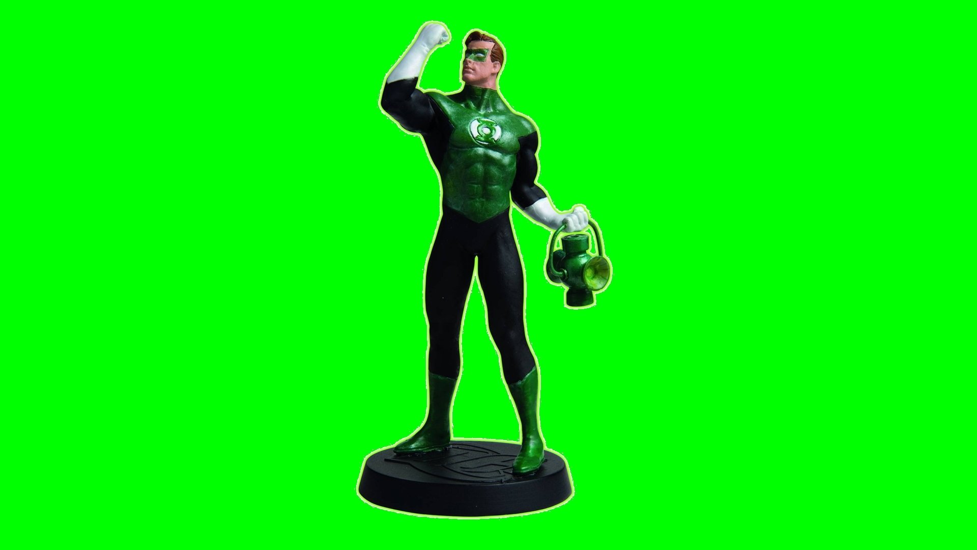 HD PC desktop wallpaper: comic Green Lantern figurine on a round base, black-and-green suit and mask, holding his power lantern against a vivid green background.