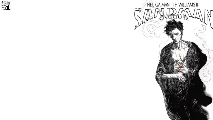 Comic HD PC desktop wallpaper background of The Sandman: black-and-white illustration of Dream in a dark robe at right under the title logo, large white negative space on the left.