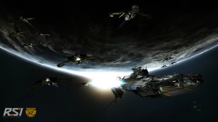 HD PC desktop wallpaper featuring a fleet of spacecraft orbiting a planet, inspired by the video game Star Citizen.