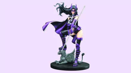 A dynamic comic-style character in a purple costume stands confidently on a pedestal, accompanied by a mythical creature, creating a striking HD desktop wallpaper background.