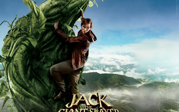 HD PC desktop wallpaper from the movie Jack the Giant Slayer, featuring a character climbing a giant beanstalk against a vivid sky and landscape backdrop.