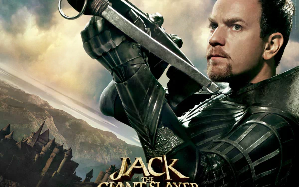 HD PC desktop wallpaper featuring a scene from the movie Jack the Giant Slayer, showing a determined character in armor with a sword against a dramatic sky backdrop.