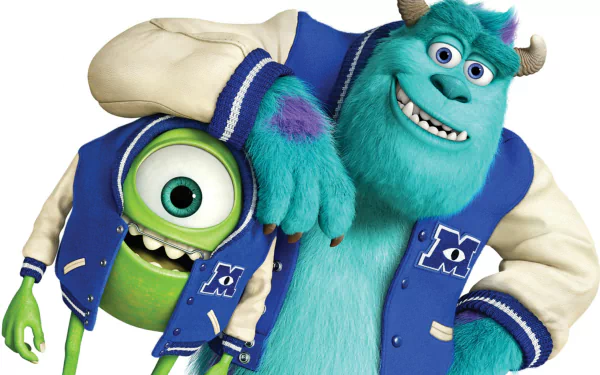 James P. Sullivan and Mike Wazowski from Monsters University pose together wearing varsity jackets in this HD PC desktop wallpaper.