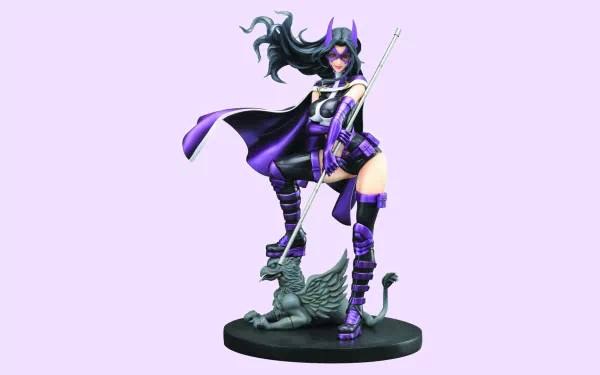 A dynamic comic-style character in a purple costume stands confidently on a pedestal, accompanied by a mythical creature, creating a striking HD desktop wallpaper background.
