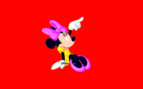 HD desktop wallpaper featuring Minnie Mouse from Disney, showcasing her in a playful pose against a bright red background.